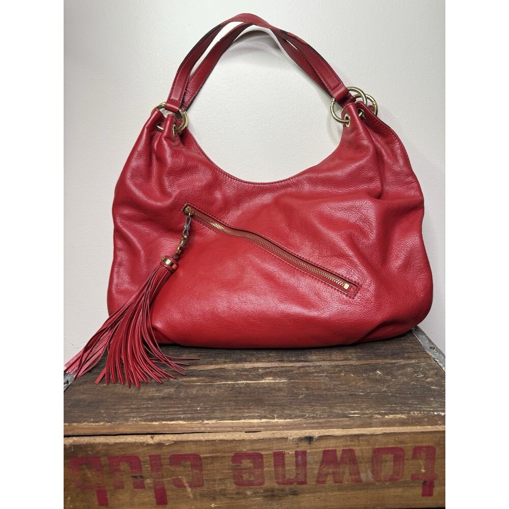 Michael Kors Shoulder Purse Pebbled Red Leather With Tassel